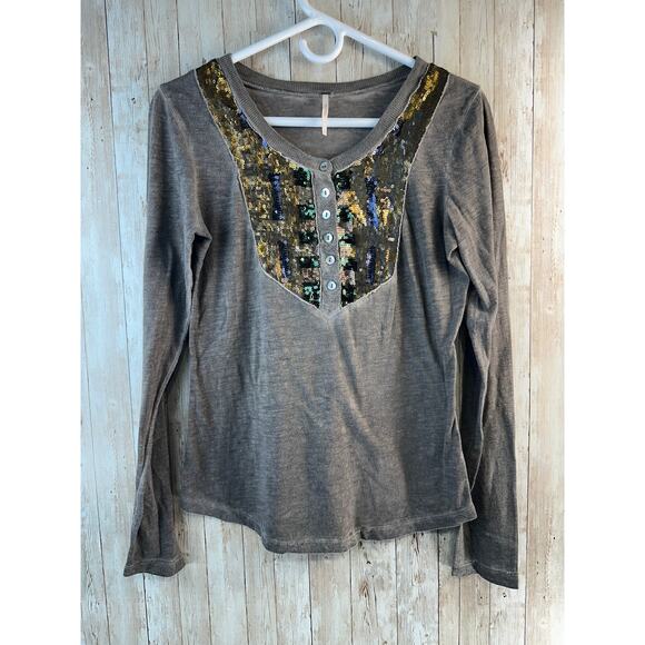 Free People Tiger Eyes Henley Shirt Womens S Taupe Brown Sequins Bohemian Boho - Picture 2 of 9